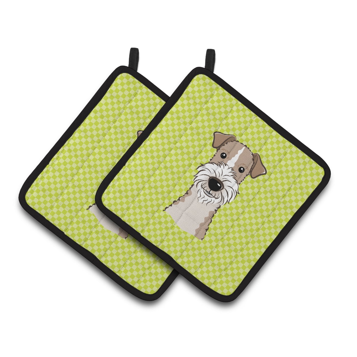 Carolines Treasures BB1309PTHD Checkerboard Lime Green Wire Haired Fox Terrier Pair of Pot Holders , 7.5HX7.5W,