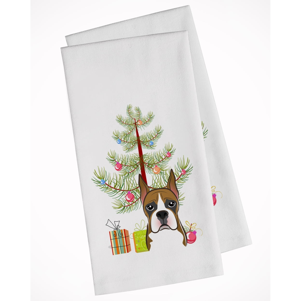 Carolines Treasures BB1595WTKT Christmas Tree and Boxer White Kitchen Towel Set of 2 Dish Towels 19 X 25" multicolor