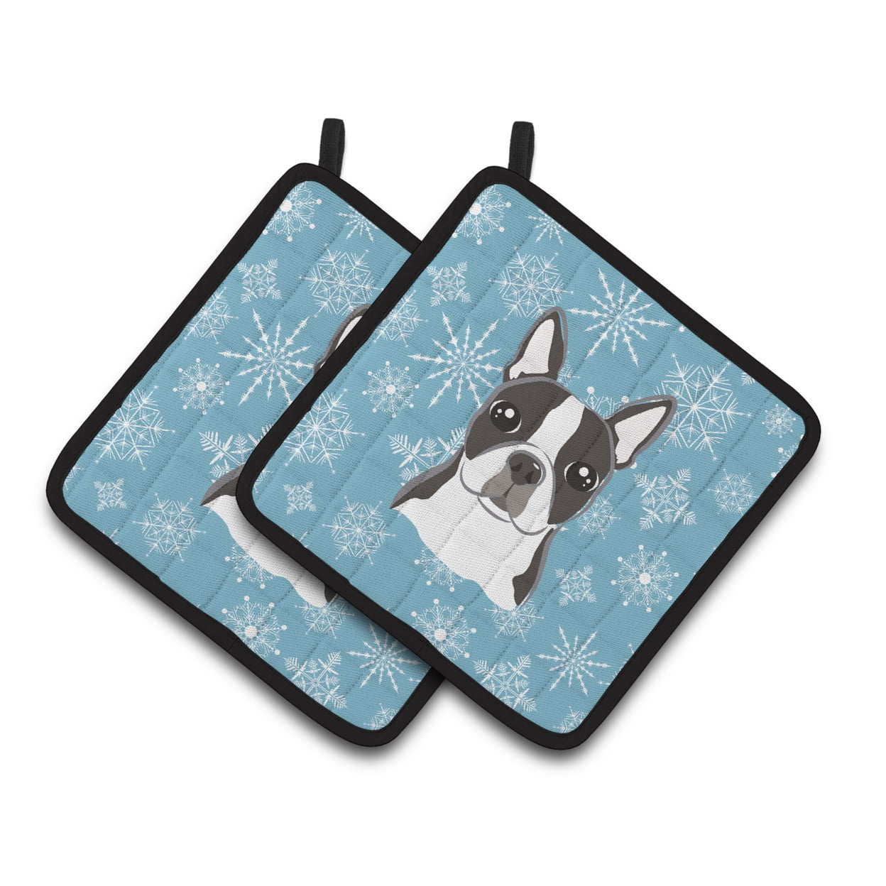 Carolines Treasures BB1637PTHD Snowflake Boston Terrier Pair of Pot Holders , 7.5HX7.5W, multicolor