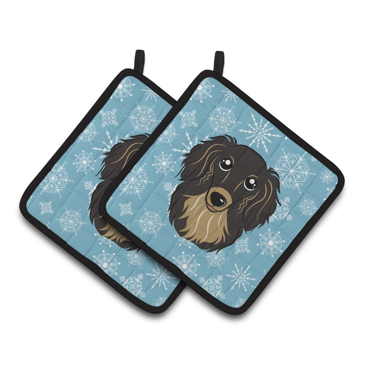 Carolines Treasures BB1647PTHD Snowflake Longhair Black and Tan Dachshund Pair of Pot Holders 7.5HX7.5W multicolor