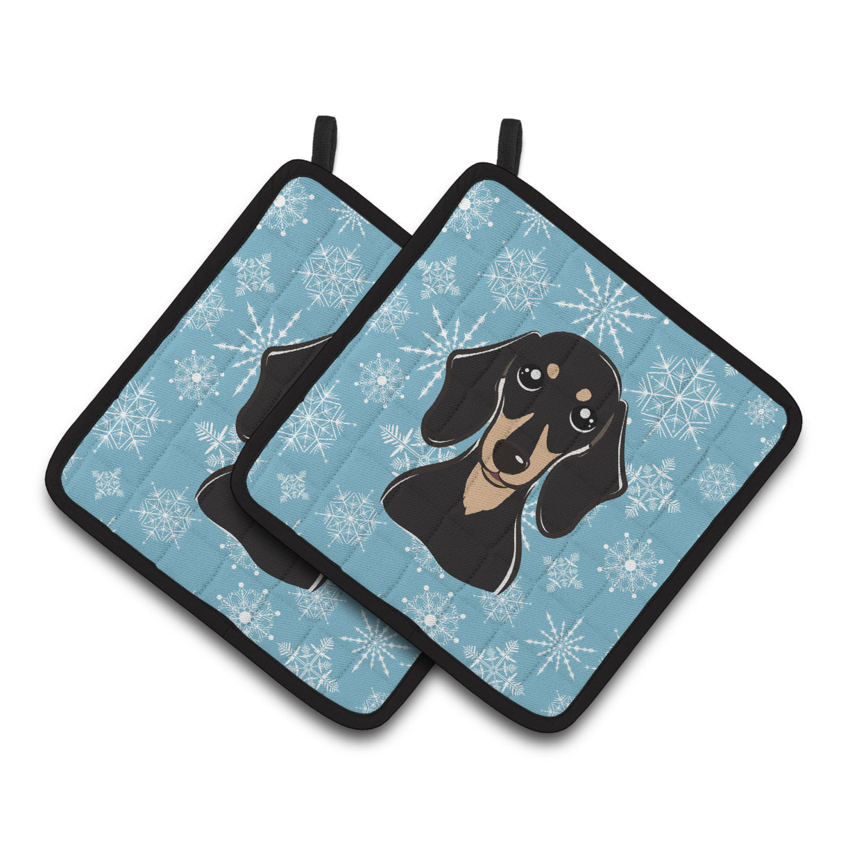 Snowflake Smooth Black and Tan Dachshund Pair of Pot Holders
