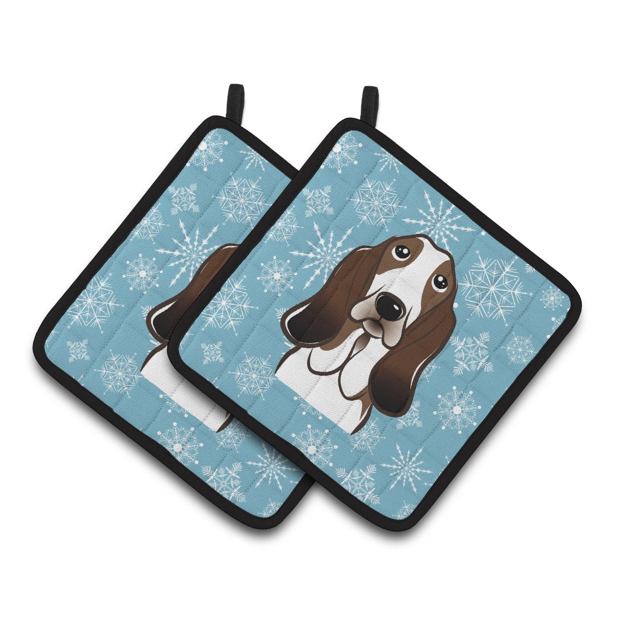 Carolines Treasures BB1677PTHD Snowflake Basset Hound Pair of Pot Holders , 7.5HX7.5W, multicolor