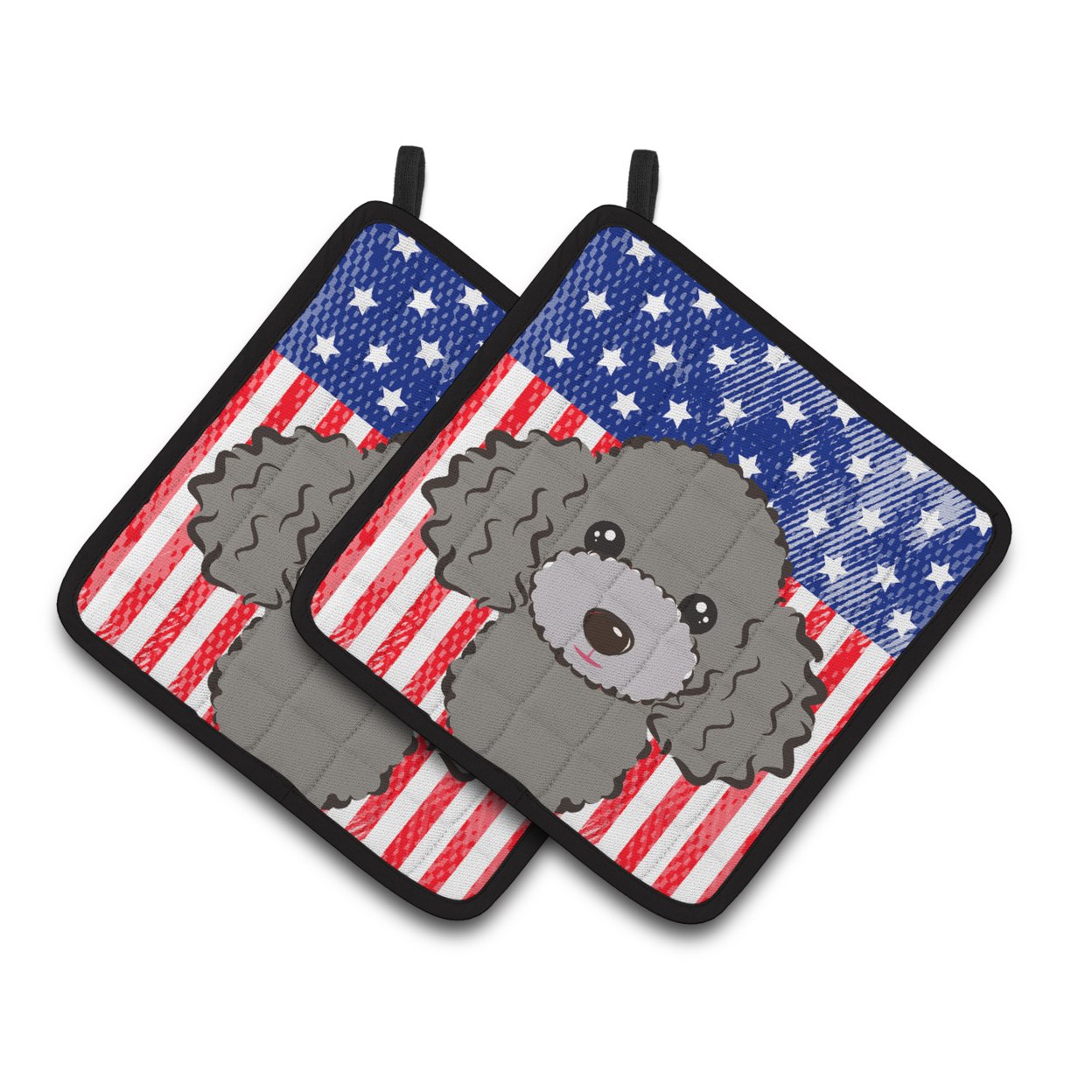 Carolines Treasures BB2189PTHD Flag and Silver Gray Poodle Pair of Pot Holders , 7.5HX7.5W, multicolor