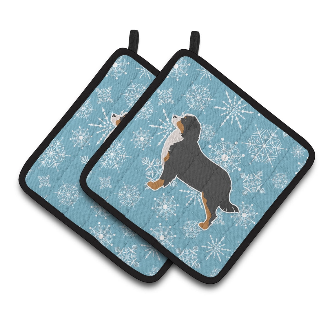 Winter Snowflake Bernese Mountain Dog Pair of Pot Holders