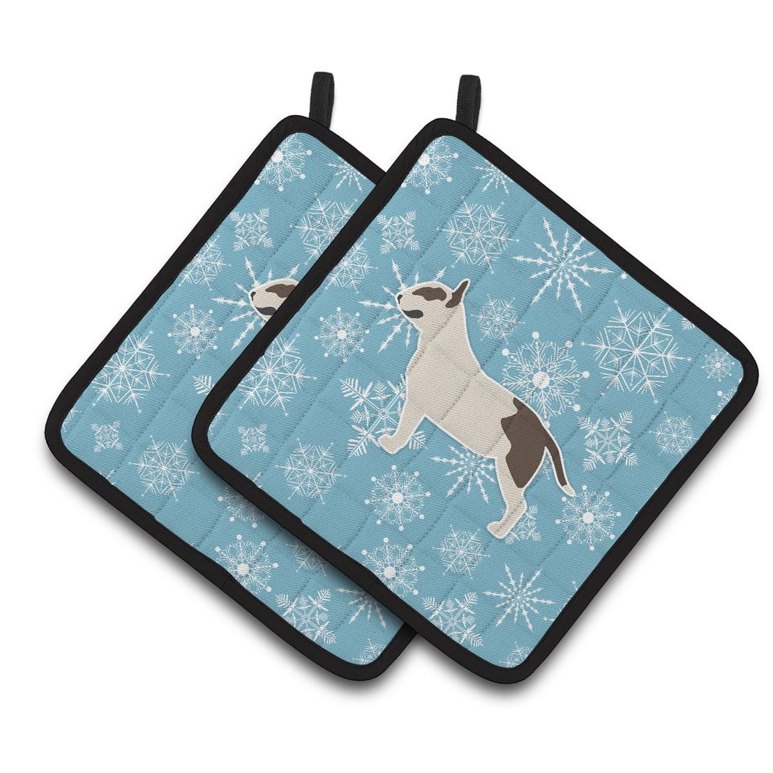 Carolines Treasures BB3578PTHD Winter Snowflake Bull Terrier Pair of Pot Holders  7.5HX7.5W multicolor