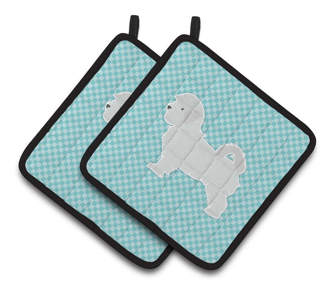 Maltese Checkerboard Blue Pair of Pot Holders