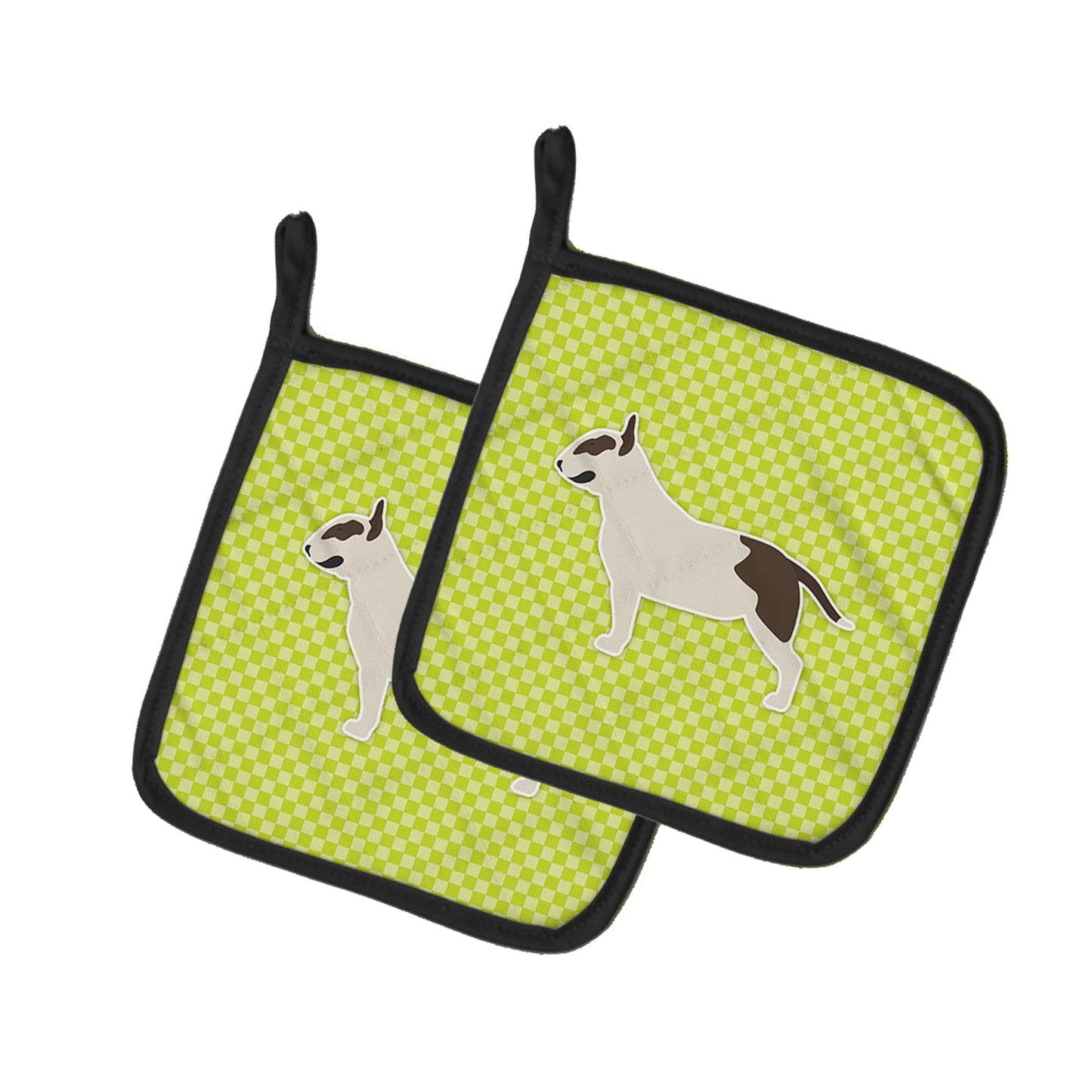 Carolines Treasures BB3878PTHD Bull Terrier Checkerboard Green Pair of Pot Holders , 7.5HX7.5W, multicolor