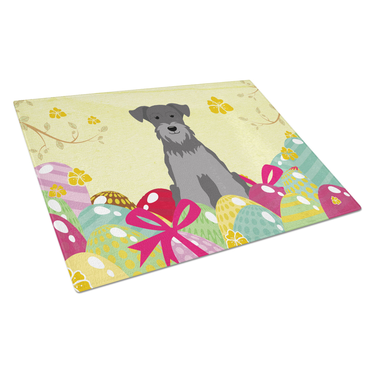 Carolines Treasures BB6052LCB Easter Eggs Miniature Schnauzer Black Silver Glass Cutting Board Large, 12H x 16W,