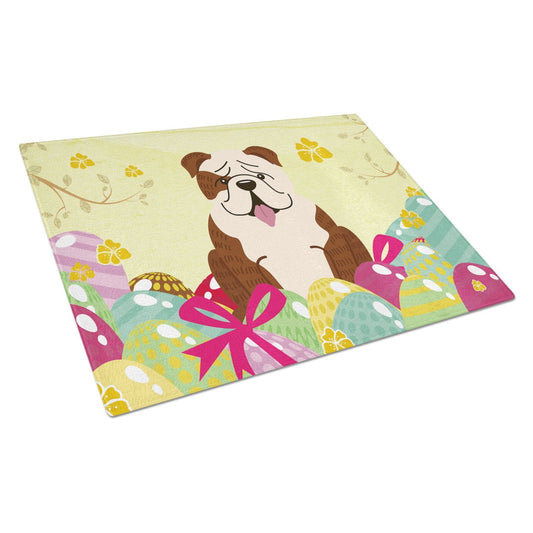 Carolines Treasures BB6121LCB Easter Eggs English Bulldog Brindle White Glass Cutting Board Large, 12H x 16W, multicolor
