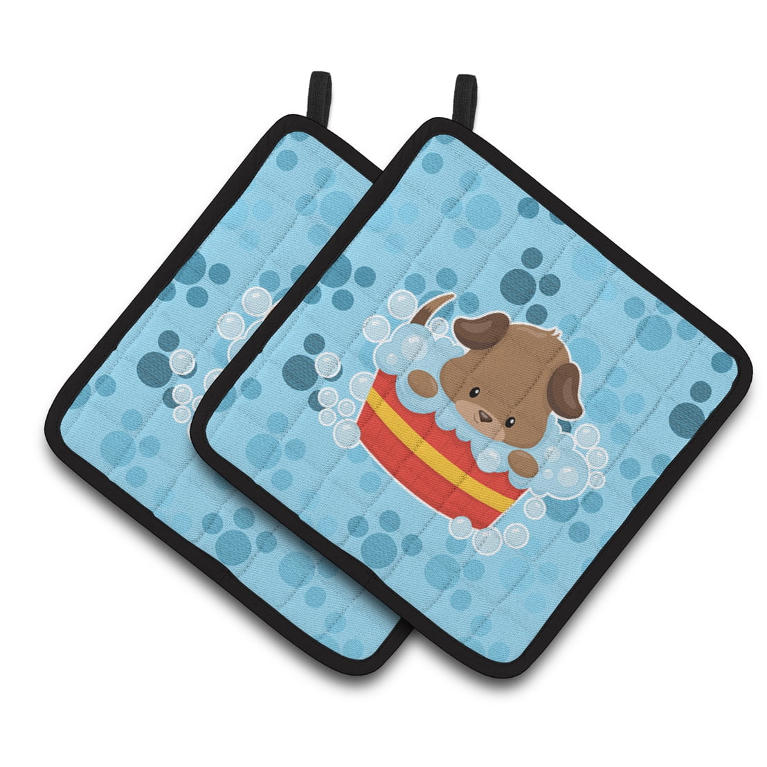 Carolines Treasures BB7077PTHD Puppy taking a bath Pair of Pot Holders  7.5HX7.5W multicolor