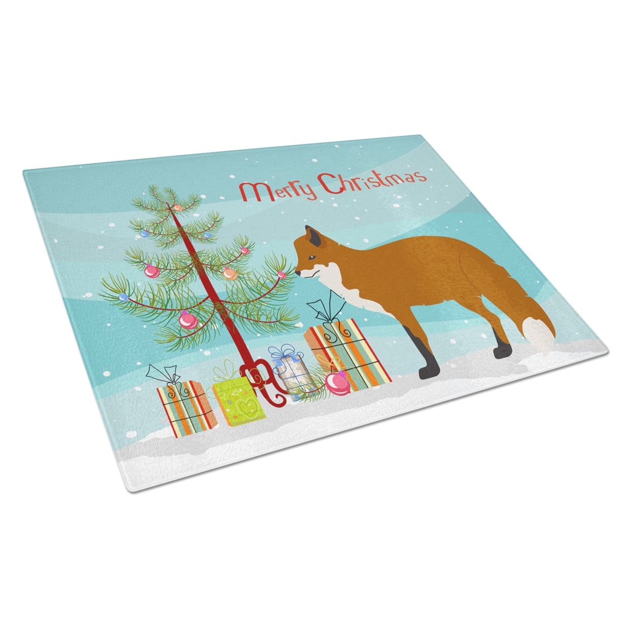 Carolines Treasures BB9243LCB Red Fox Christmas Glass Cutting Board Large Teal 12H x 16W multicolor