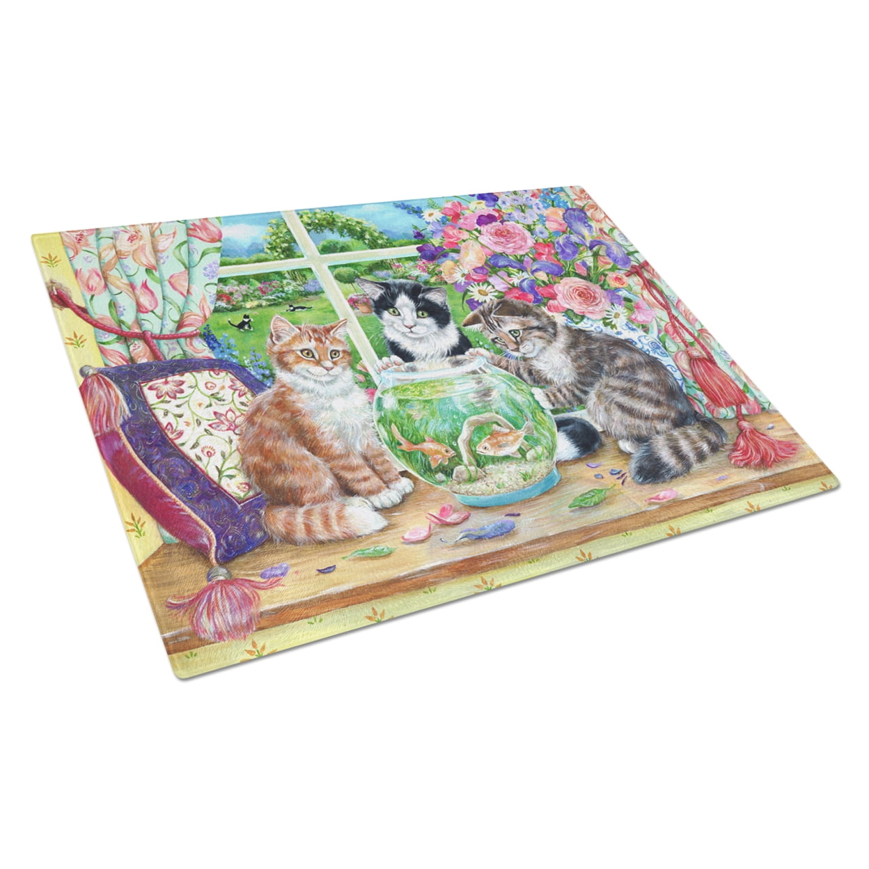 Cats Just Looking in the fish bowl Glass Cutting Board Large