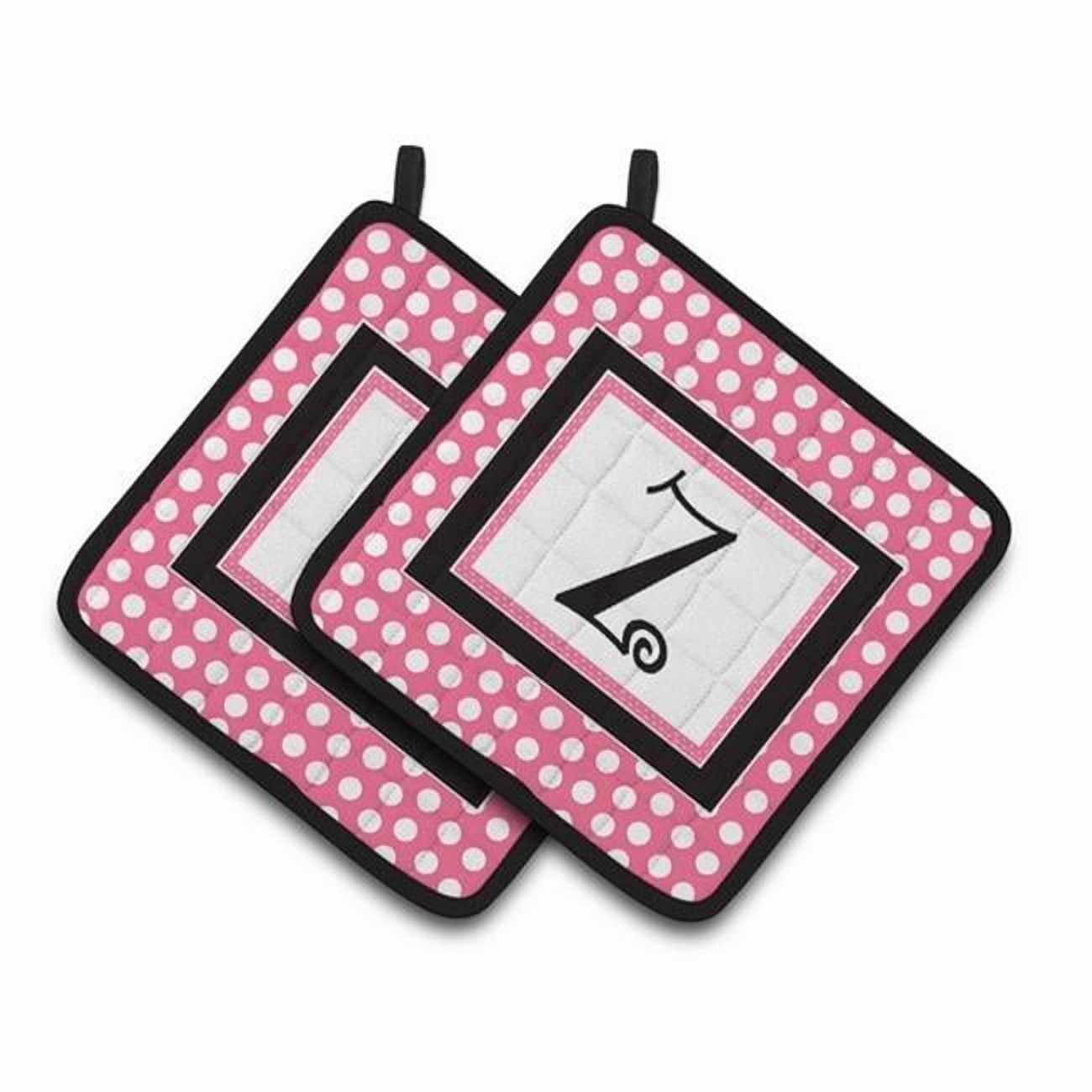 Letter Z Monogram - Pink Black Polka Dots Pair of Pot Holders