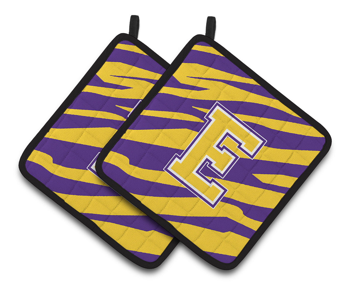 Letter E Monogram - Tiger Stripe - Purple Gold Pair of Pot Holders