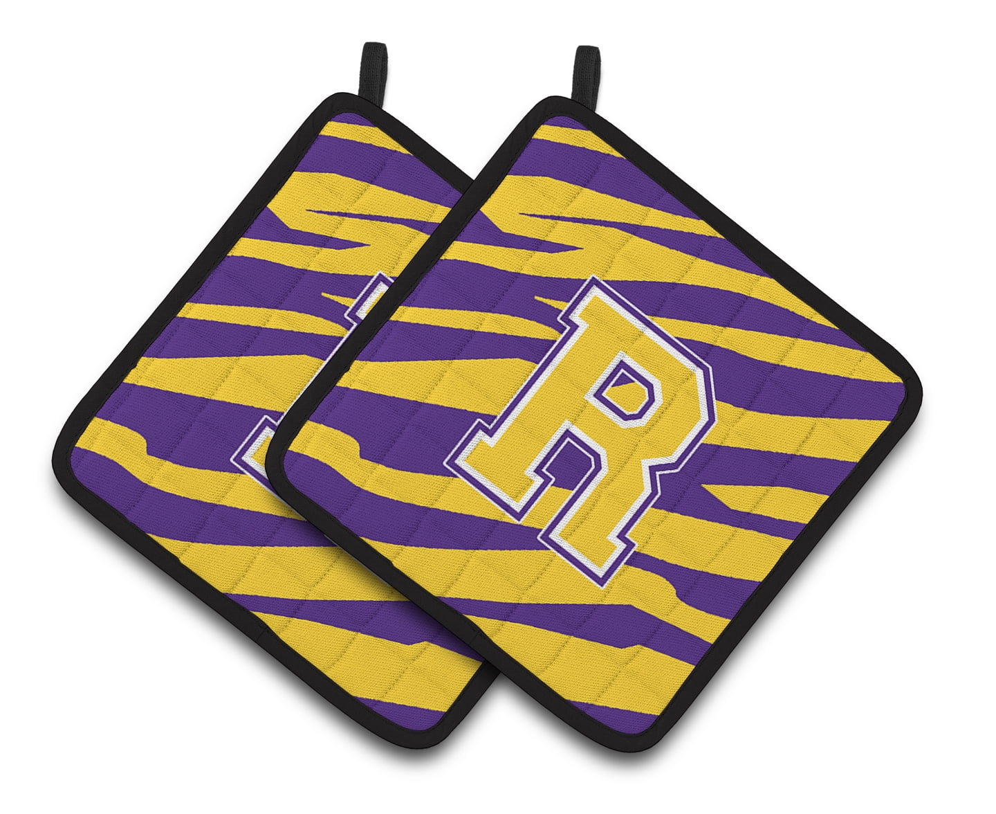 Letter R Monogram - Tiger Stripe - Purple Gold Pair of Pot Holders