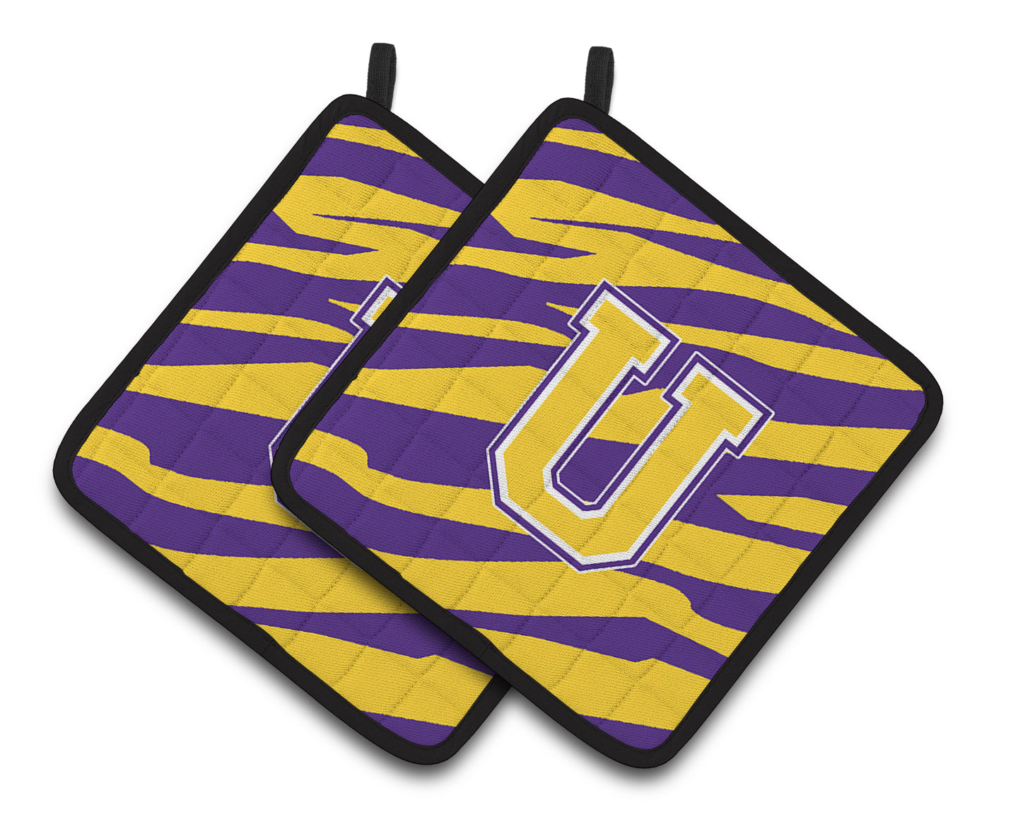 Letter U Monogram - Tiger Stripe - Purple Gold Pair of Pot Holders