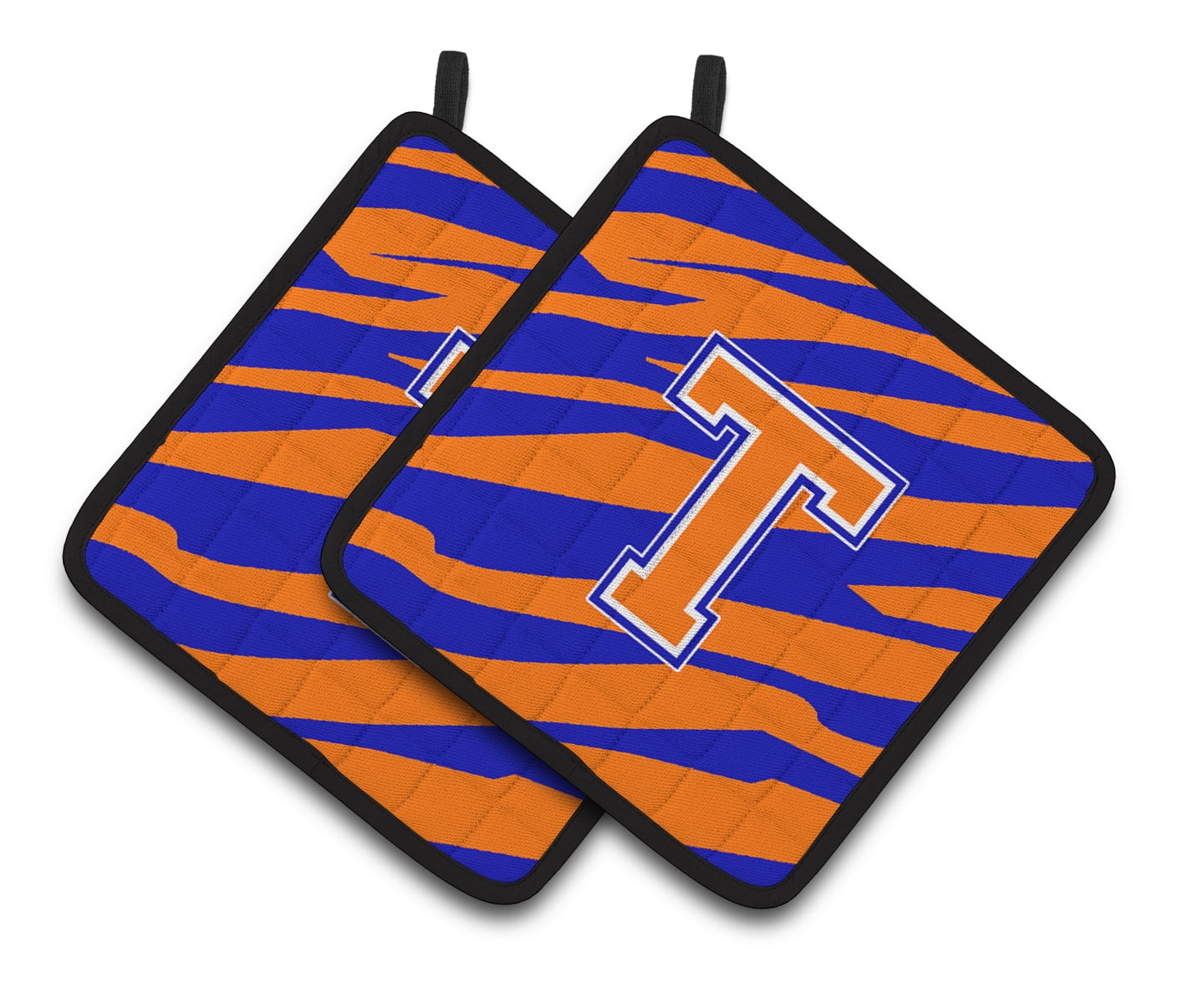 Carolines Treasures CJ1023-TPTHD Letter T Initial Tiger Stripe - Blue Orange Pair of Pot Holders, 7.5HX7.5W, multicolor