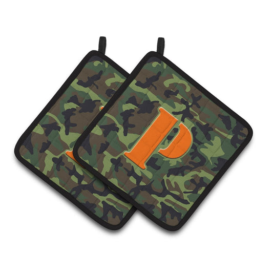 Carolines Treasures CJ1030-PPTHD Letter P Monogram - Camo Green Pair of Pot Holders, 7.5HX7.5W, multicolor
