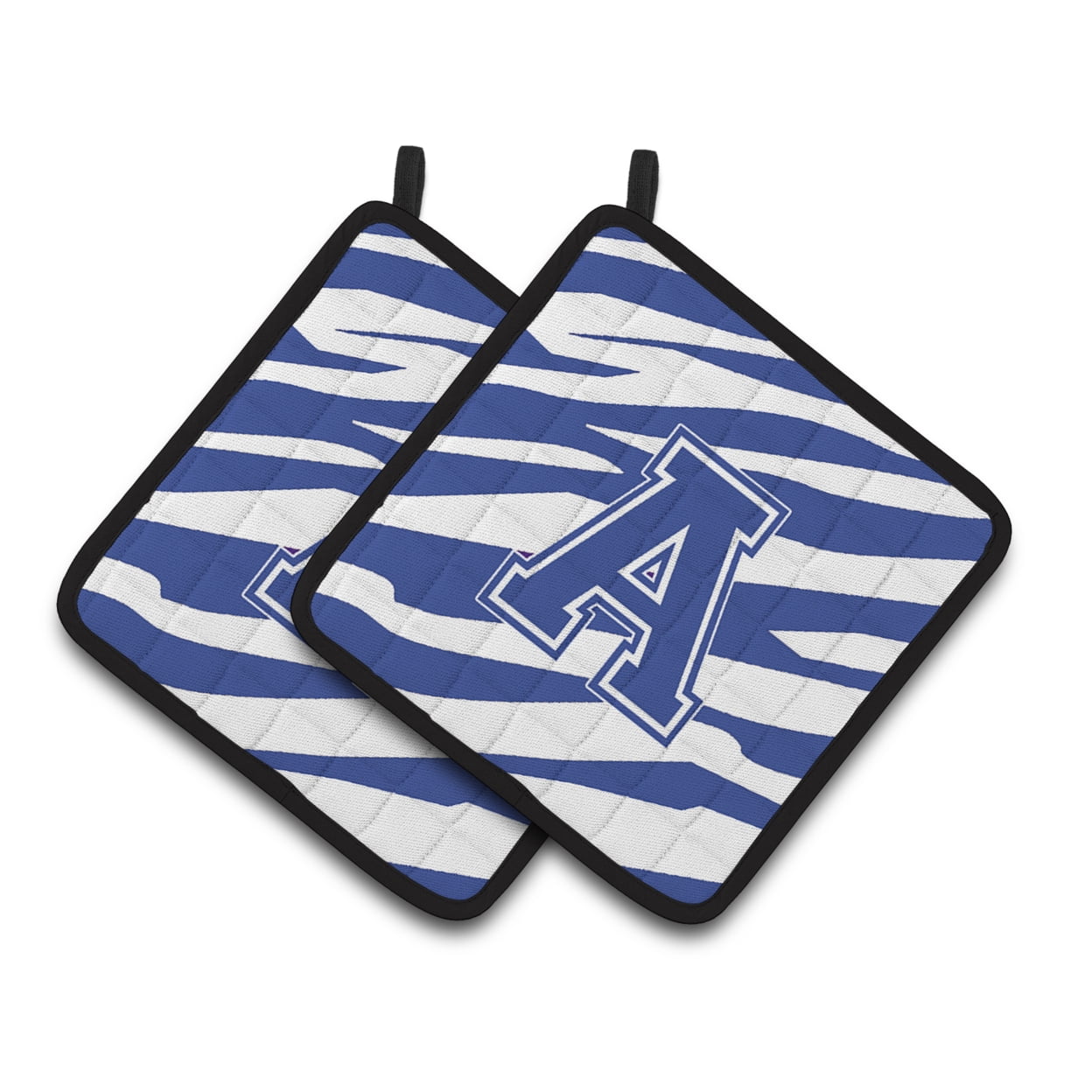 Carolines Treasures CJ1034-APTHD Letter A Monogram - Blue White Tiger Stripe Pair of Pot Holders, 7.5HX7.5W, multicolor