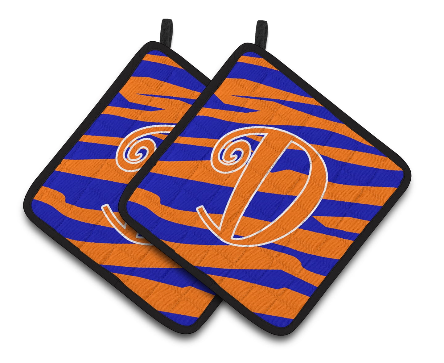 Carolines Treasures CJ1036-DPTHD Letter D Initial Tiger Stripe Blue and Orange Pair of Pot Holders, 7.5HX7.5W,