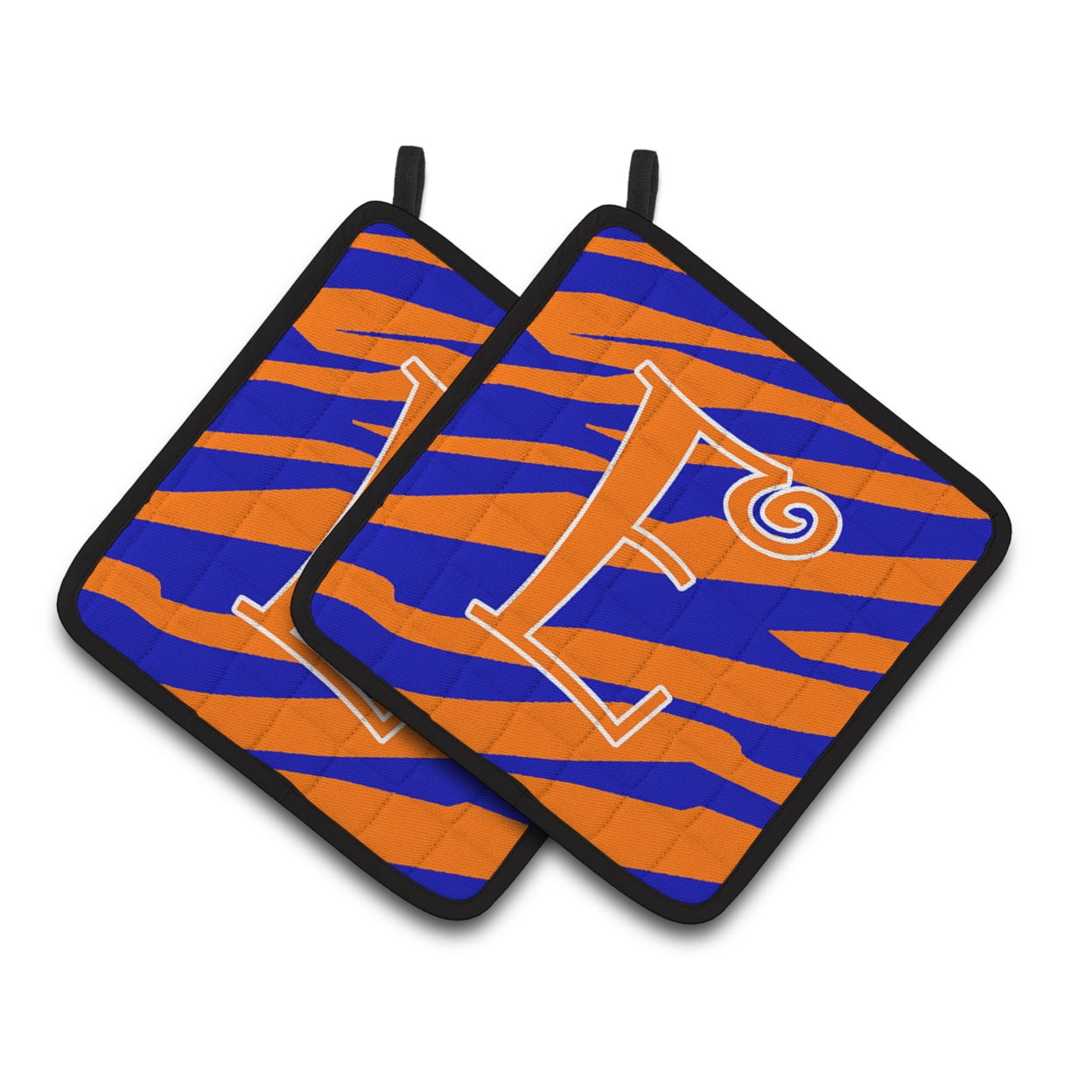 Carolines Treasures CJ1036-EPTHD Letter E Initial Tiger Stripe Blue and Orange Pair of Pot Holders, 7.5HX7.5W,