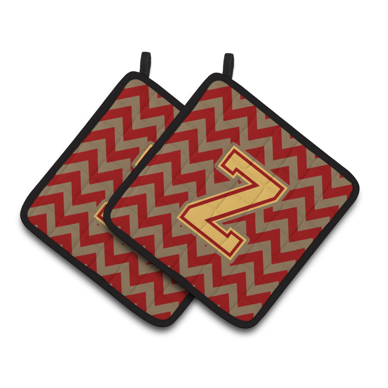Letter Z Chevron Garnet and Gold Pair of Pot Holders