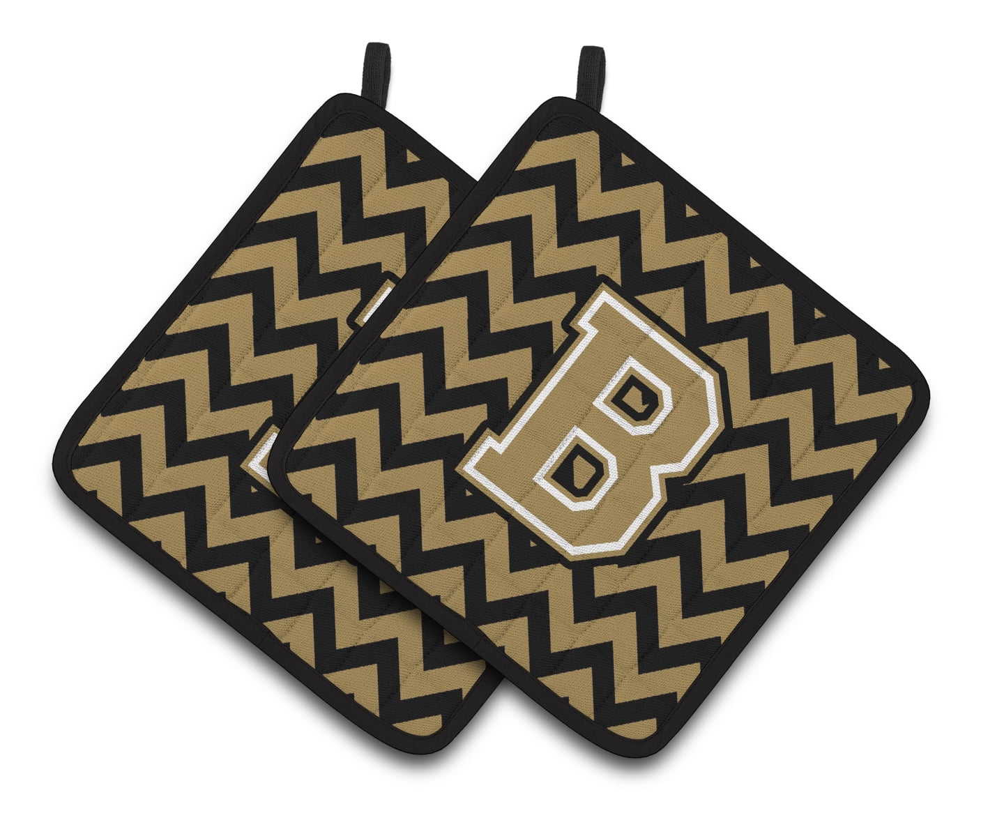 Letter B Chevron Black and Gold Pair of Pot Holders