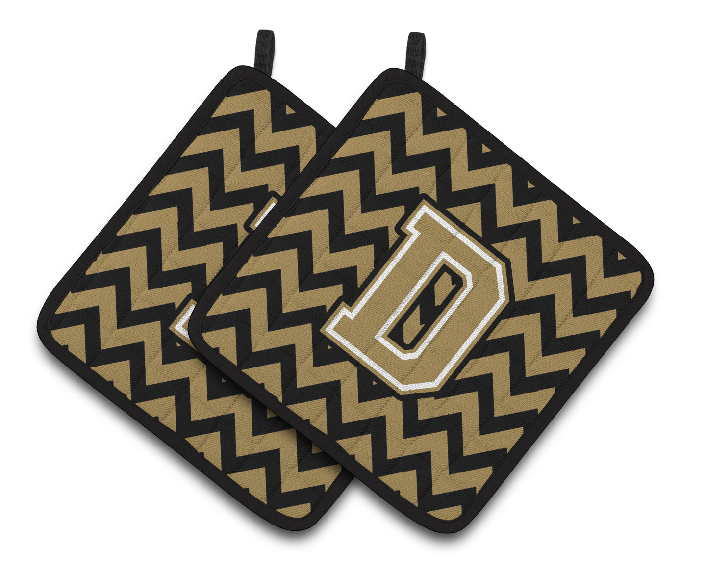 Letter D Chevron Black and Gold Pair of Pot Holders