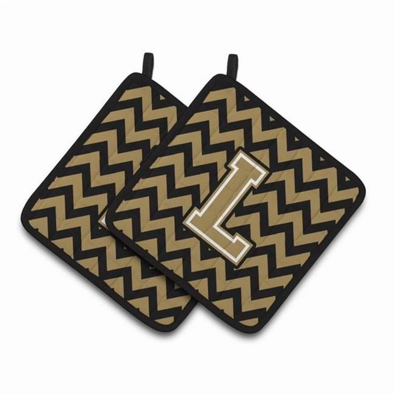 Letter L Chevron Black and Gold Pair of Pot Holders