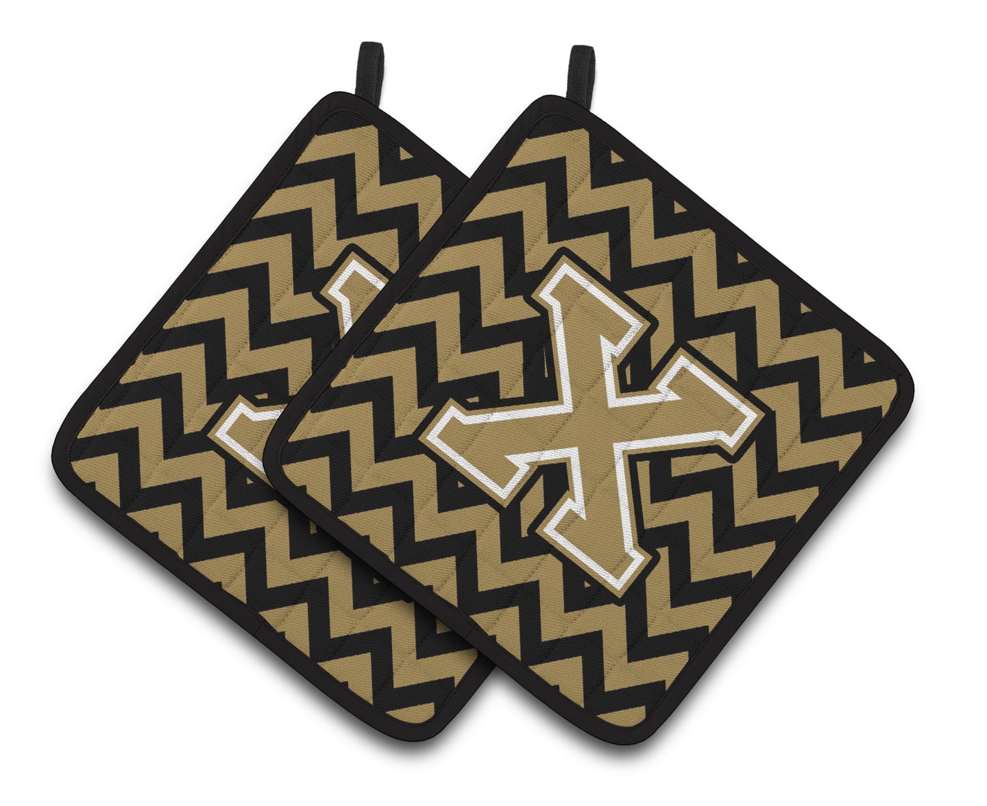 Letter X Chevron Black and Gold Pair of Pot Holders