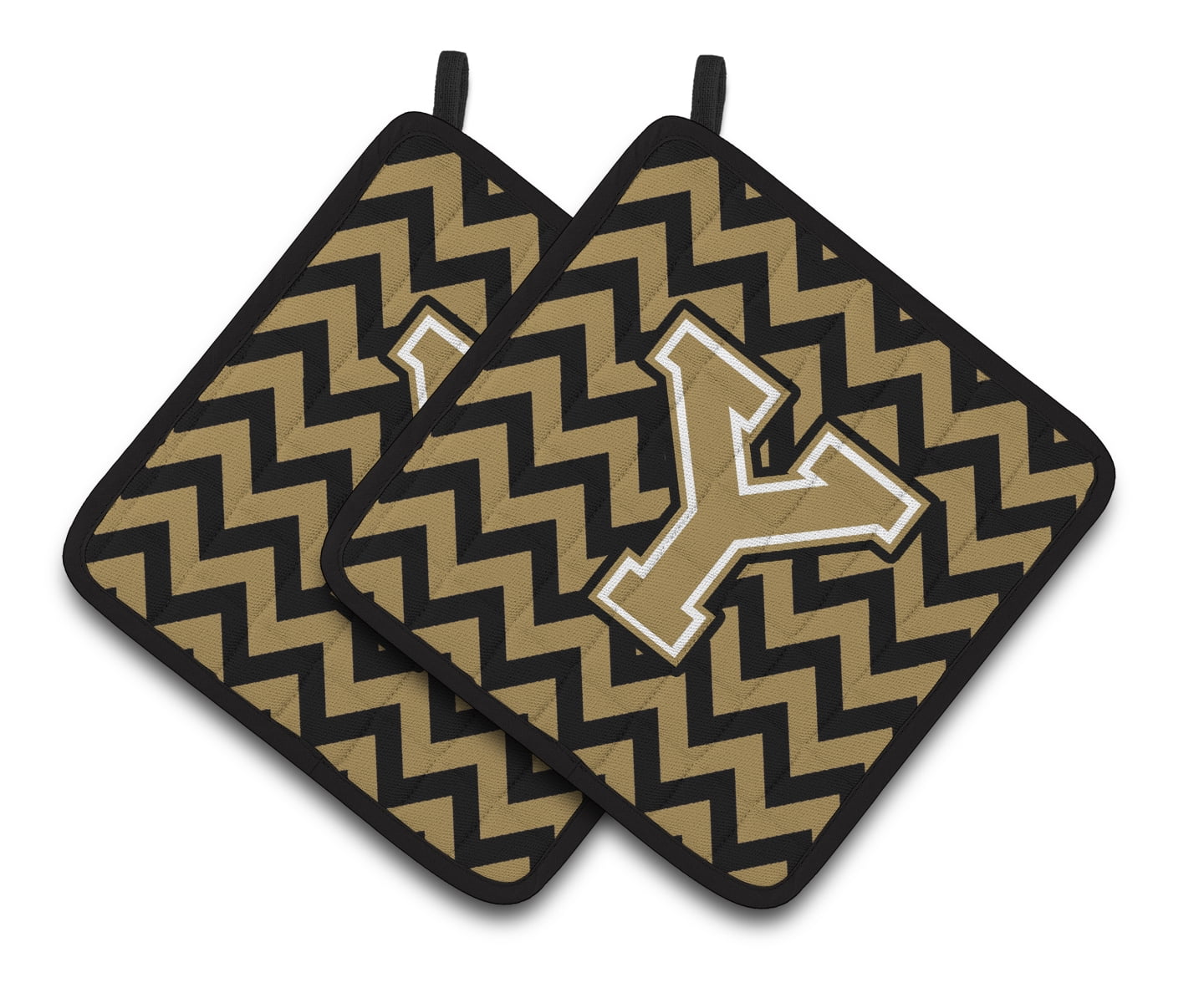 Letter Y Chevron Black and Gold Pair of Pot Holders