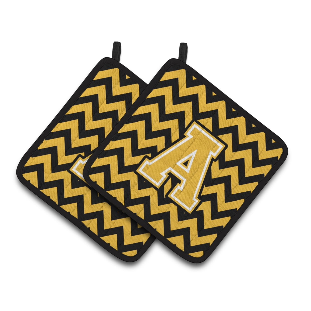 Carolines Treasures CJ1053-APTHD Letter A Chevron Black and Gold Pair of Pot Holders, 7.5HX7.5W, multicolor