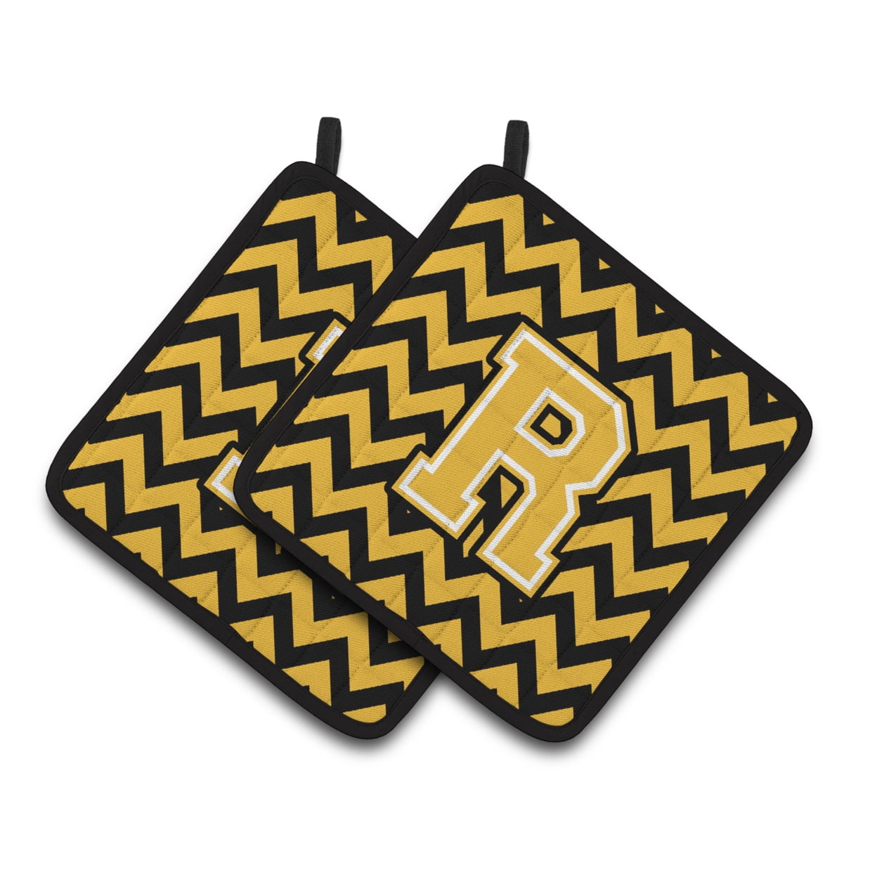 Carolines Treasures CJ1053-RPTHD Letter R Chevron Black and Gold Pair of Pot Holders, 7.5HX7.5W, multicolor
