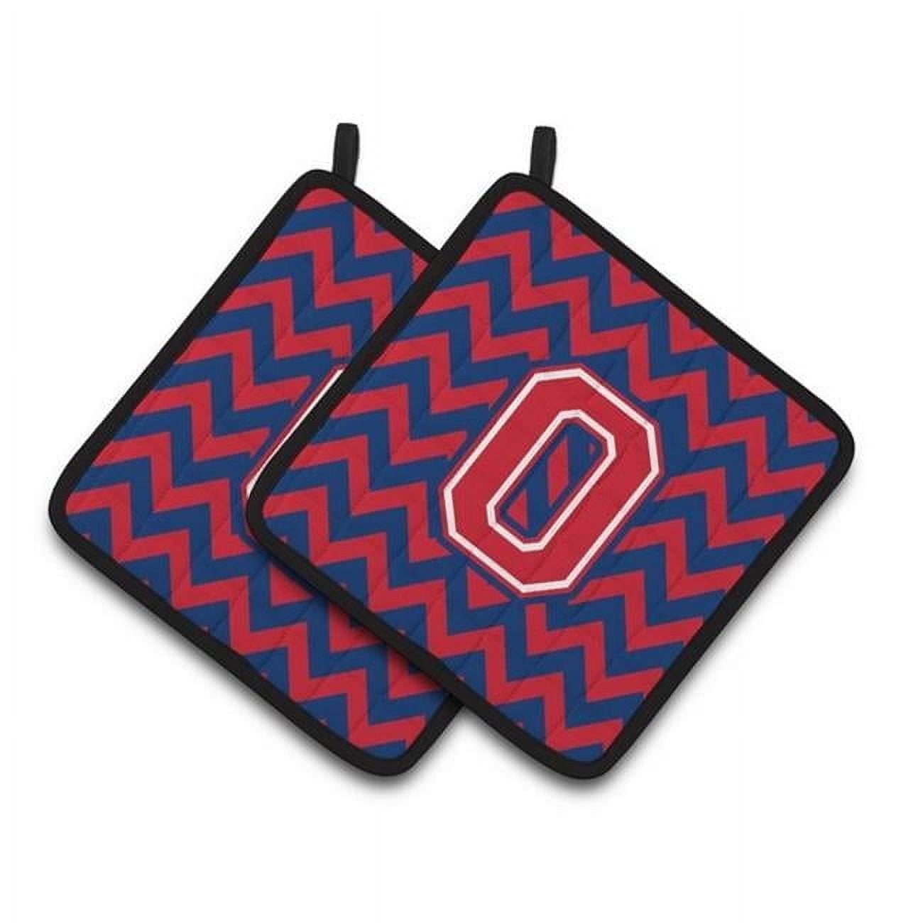 Letter O Chevron Yale Blue and Crimson Pair of Pot Holders