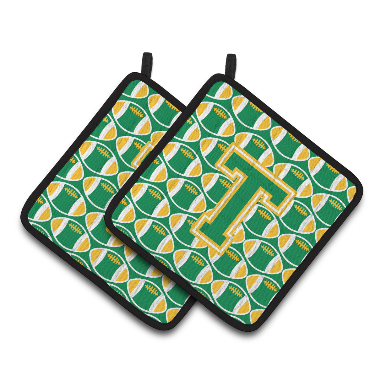Carolines Treasures CJ1069-TPTHD Letter T Football Green and Gold Pair of Pot Holders, 7.5HX7.5W, multicolor