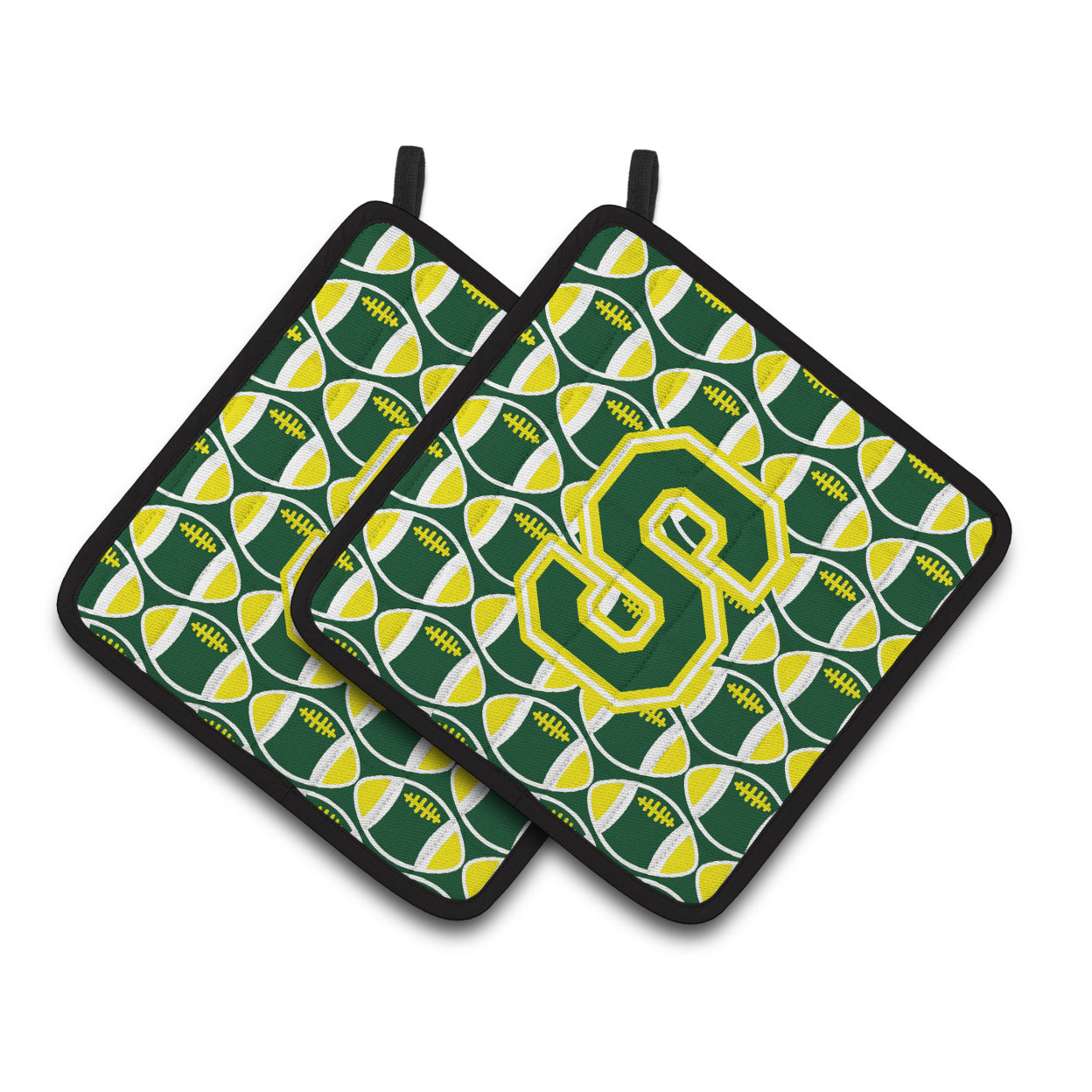 Carolines Treasures CJ1075-SPTHD Letter S Football Green and Yellow Pair of Pot Holders, 7.5HX7.5W, multicolor