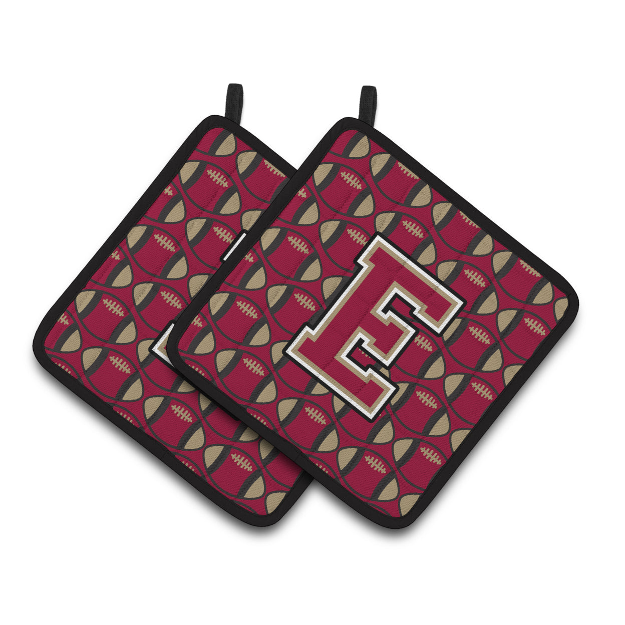 Carolines Treasures CJ1078-EPTHD Letter E Football Garnet and Gold Pair of Pot Holders, 7.5HX7.5W, multicolor