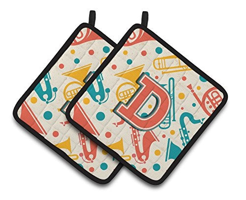 Carolines Treasures CJ2001-DPTHD Letter D Retro Teal Orange Musical Instruments Initial Pair of Pot Holders, 7.5 x 3 x 7.5 in.