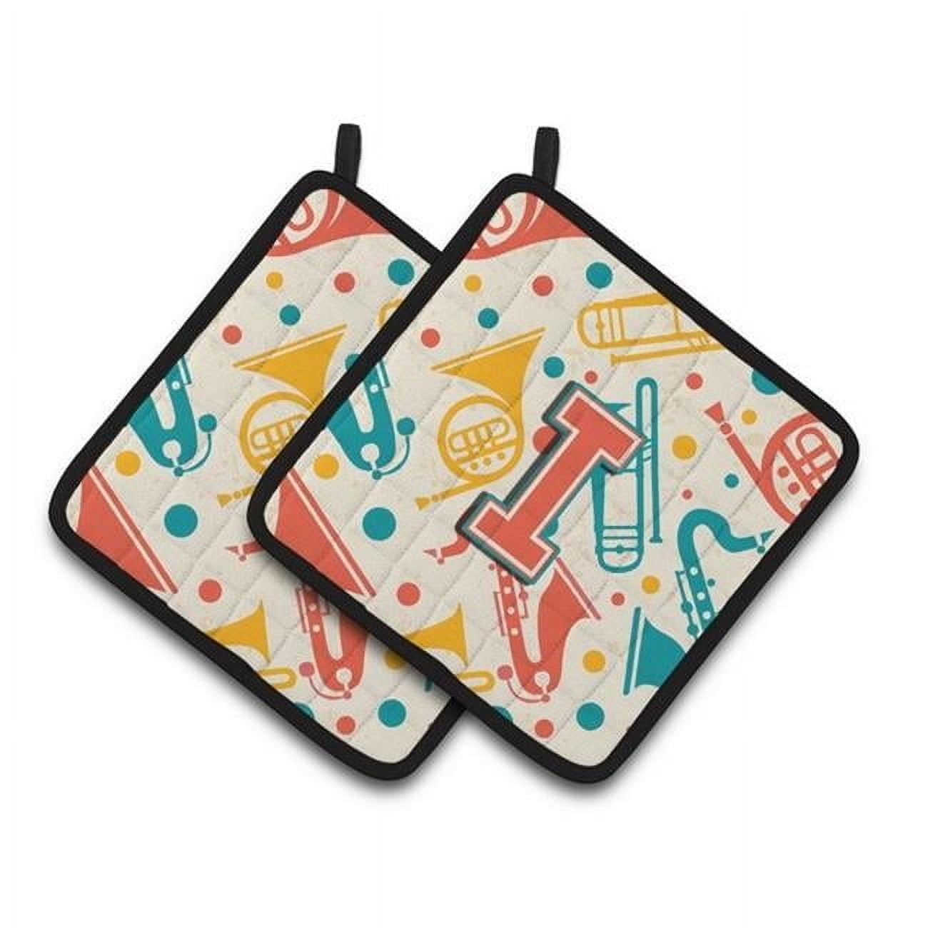 Carolines Treasures CJ2001-IPTHD Letter I Retro Teal Orange Musical Instruments Initial Pair of Pot Holders, 7.5 x 3 x 7.5 in.