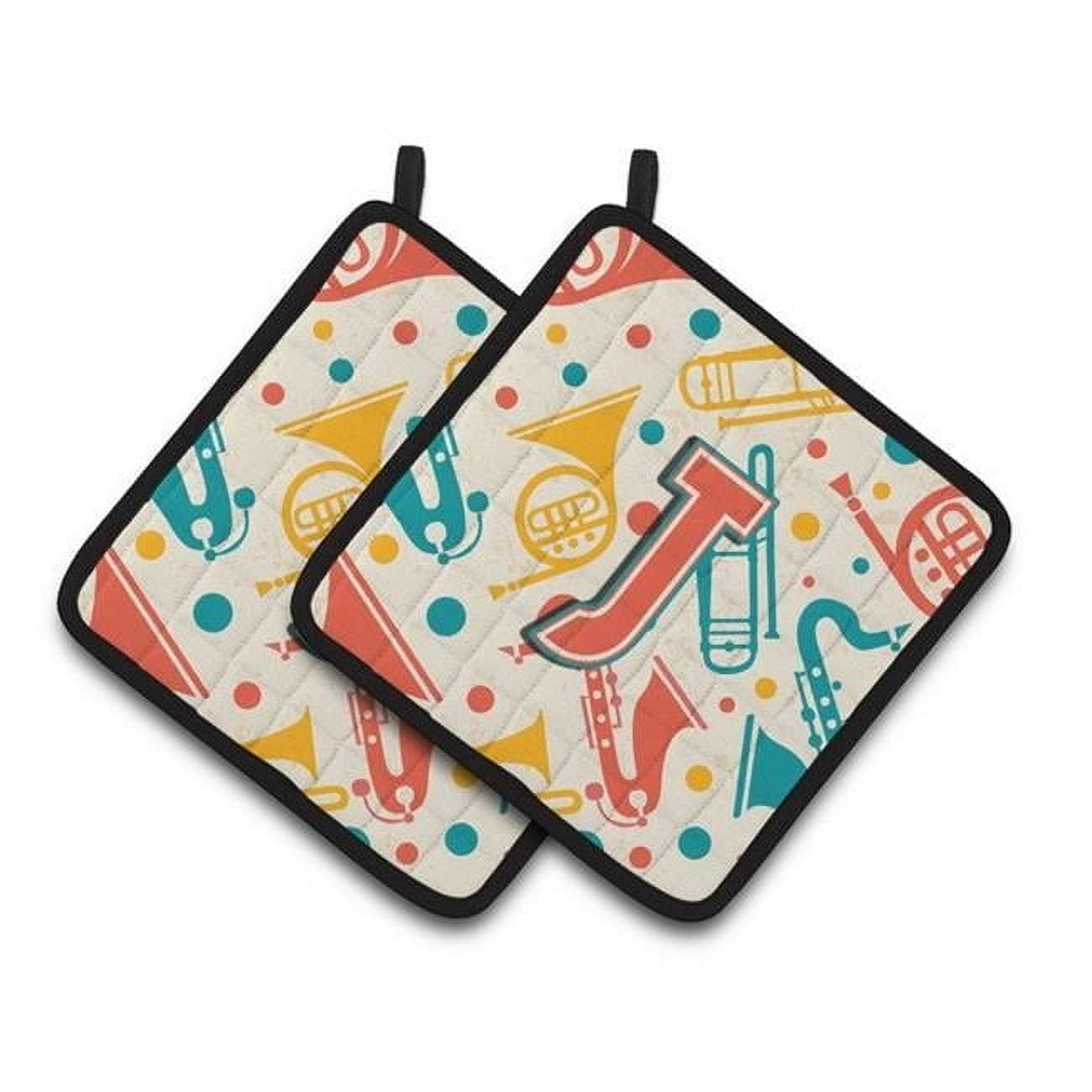 Carolines Treasures CJ2001-JPTHD Letter J Retro Teal Orange Musical Instruments Initial Pair of Pot Holders, 7.5 x 3 x 7.5 in.