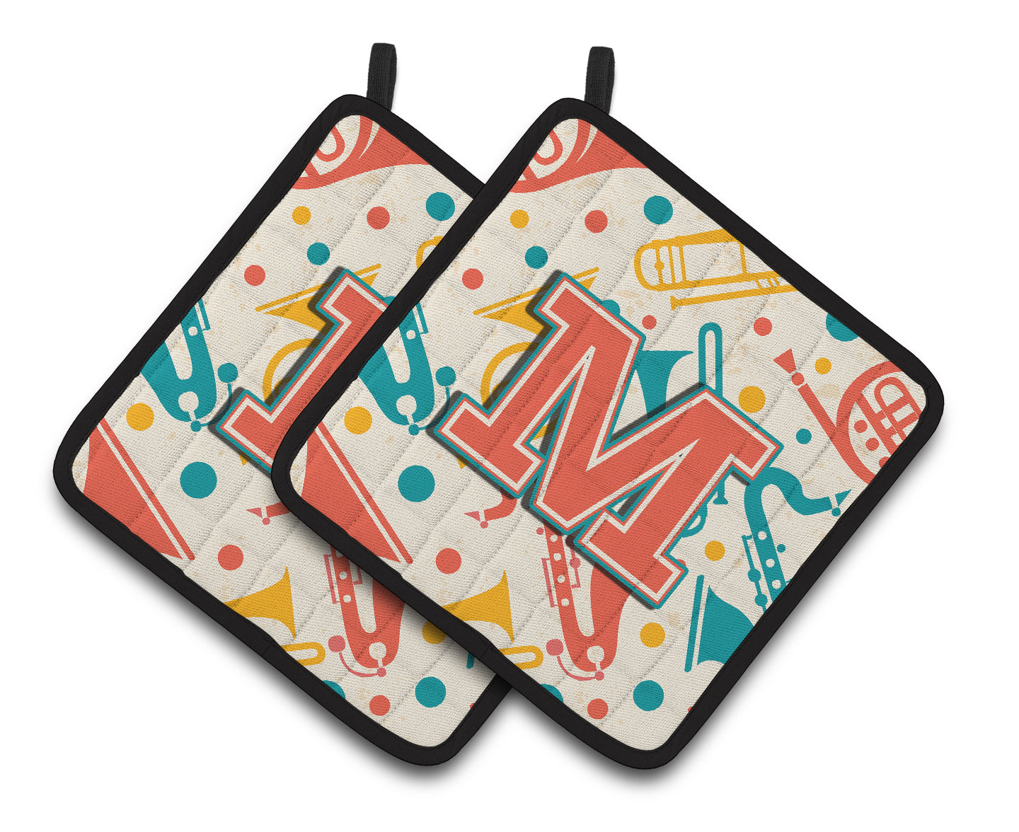Letter M Retro Teal Orange Musical Instruments Initial Pair of Pot Holders
