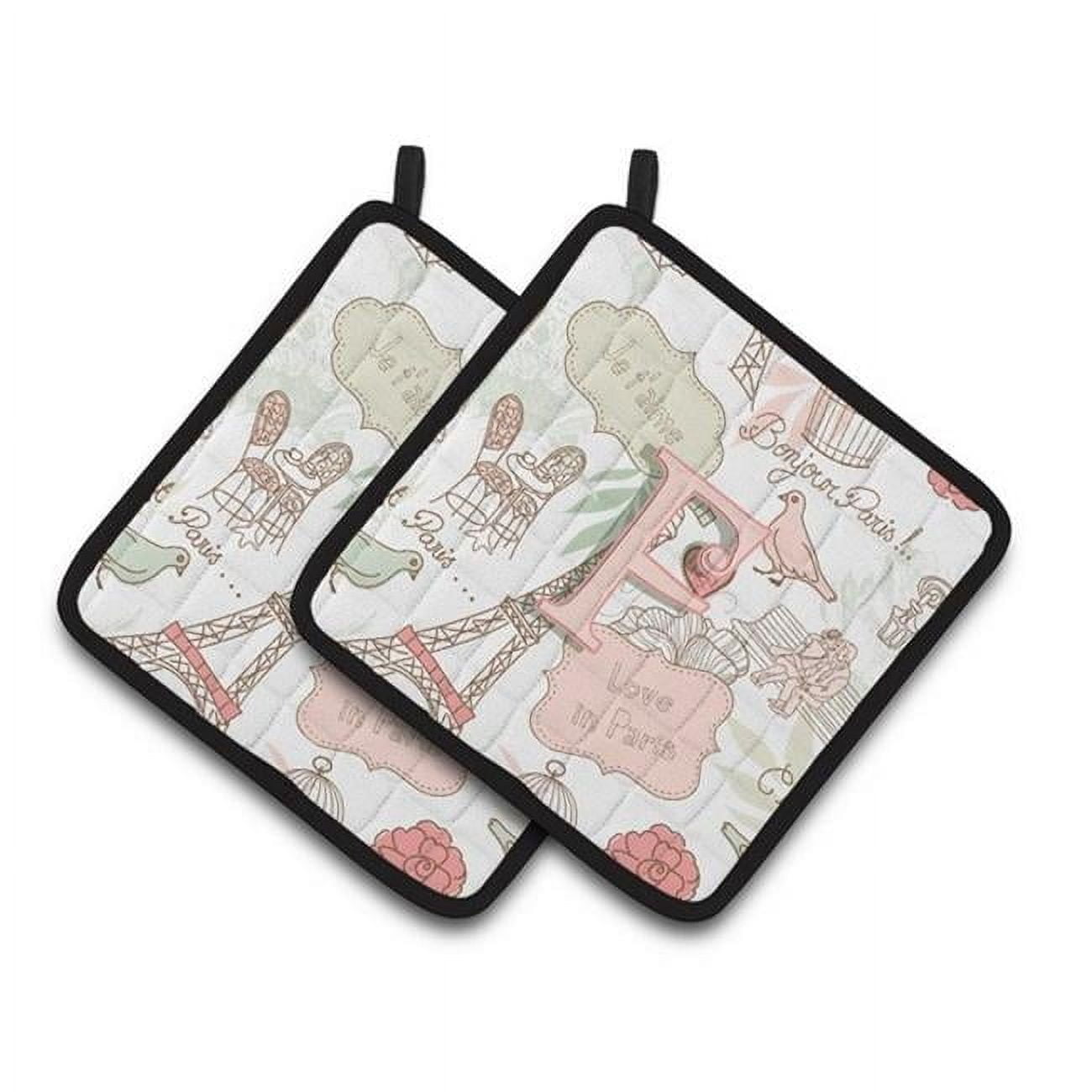 Carolines Treasures CJ2002-FPTHD Letter F Love in Paris Pink Pair of Pot Holders, 7.5 x 3 x 7.5 in.