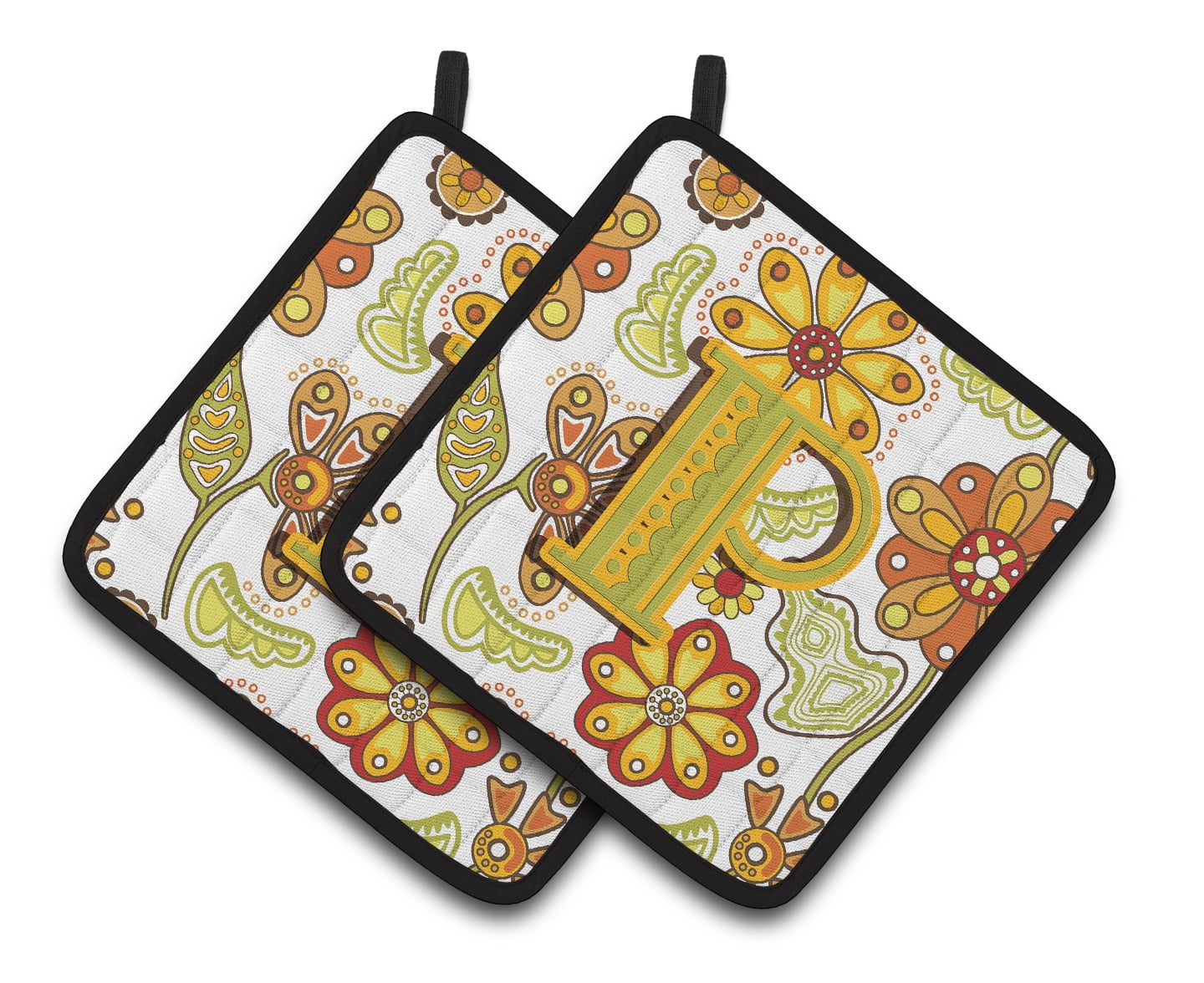 Carolines Treasures CJ2003-PPTHD Letter P Floral Mustard & Green Pair of Pot Holders, 7.5 x 3 x 7.5 in.