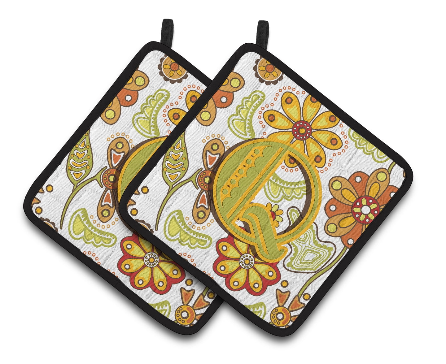 Carolines Treasures CJ2003-QPTHD Letter Q Floral Mustard & Green Pair of Pot Holders, 7.5 x 3 x 7.5 in.