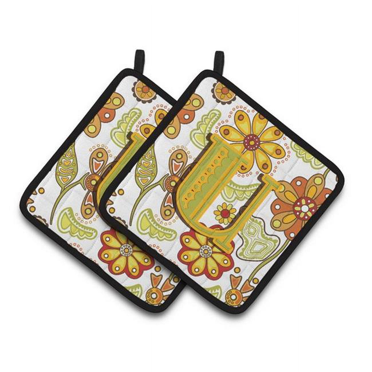 Letter U Floral Mustard and Green Pair of Pot Holders