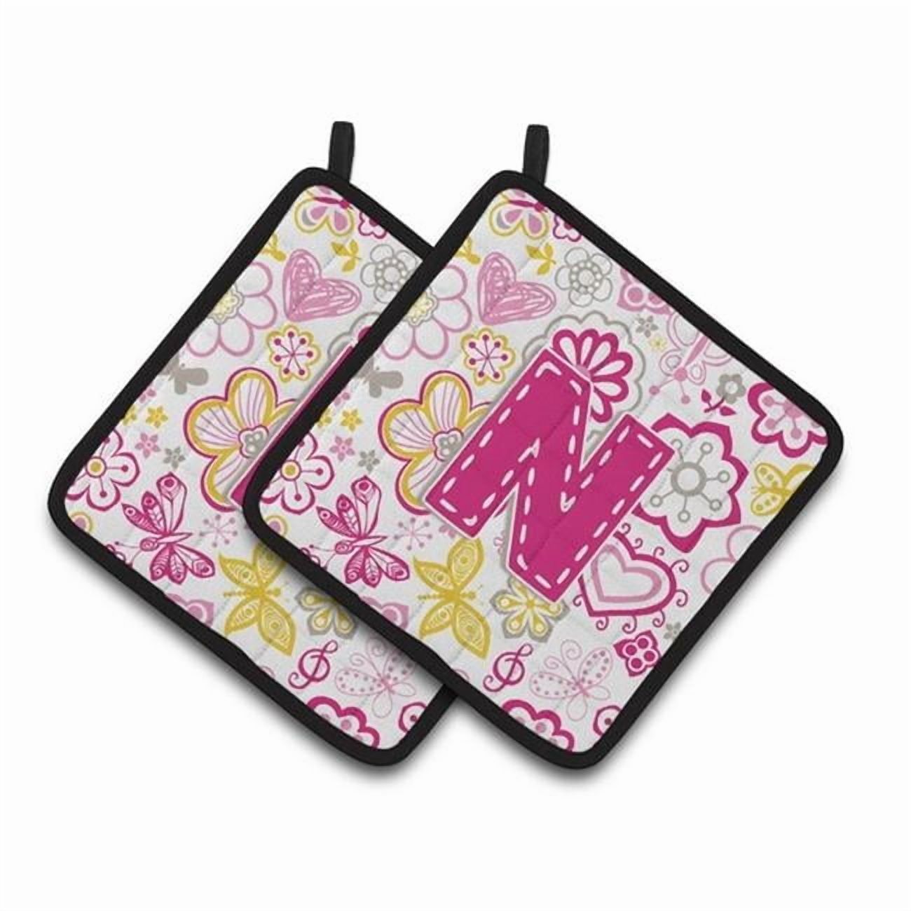 Carolines Treasures CJ2005-NPTHD Letter N Flowers & Butterflies Pink Pair of Pot Holders, 7.5 x 3 x 7.5 in.