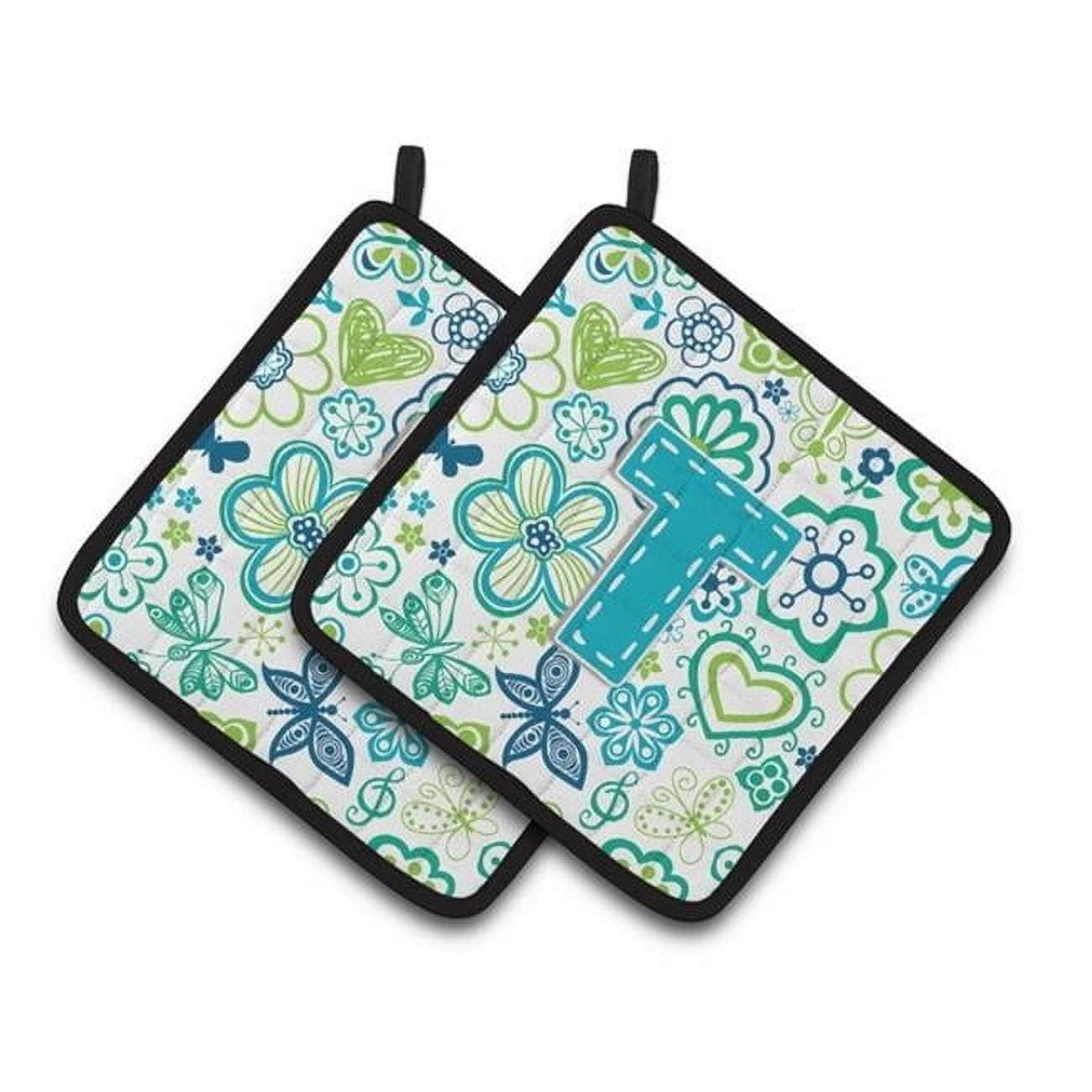 Teal Blue Letter T Flowers and Butterflies Pot Holders by Caroline's Treasures - Set of 2