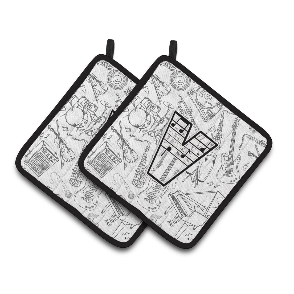 Carolines Treasures CJ2007-VPTHD Letter V Musical Note Letters Pair of Pot Holders, 7.5HX7.5W, multicolor