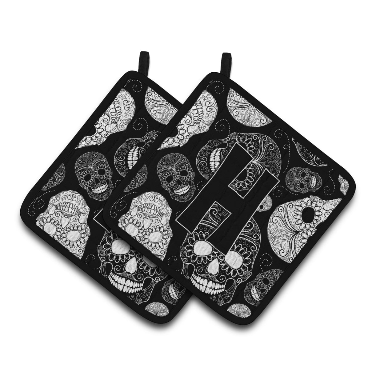 Letter H Day of the Dead Skulls Black Pair of Pot Holders