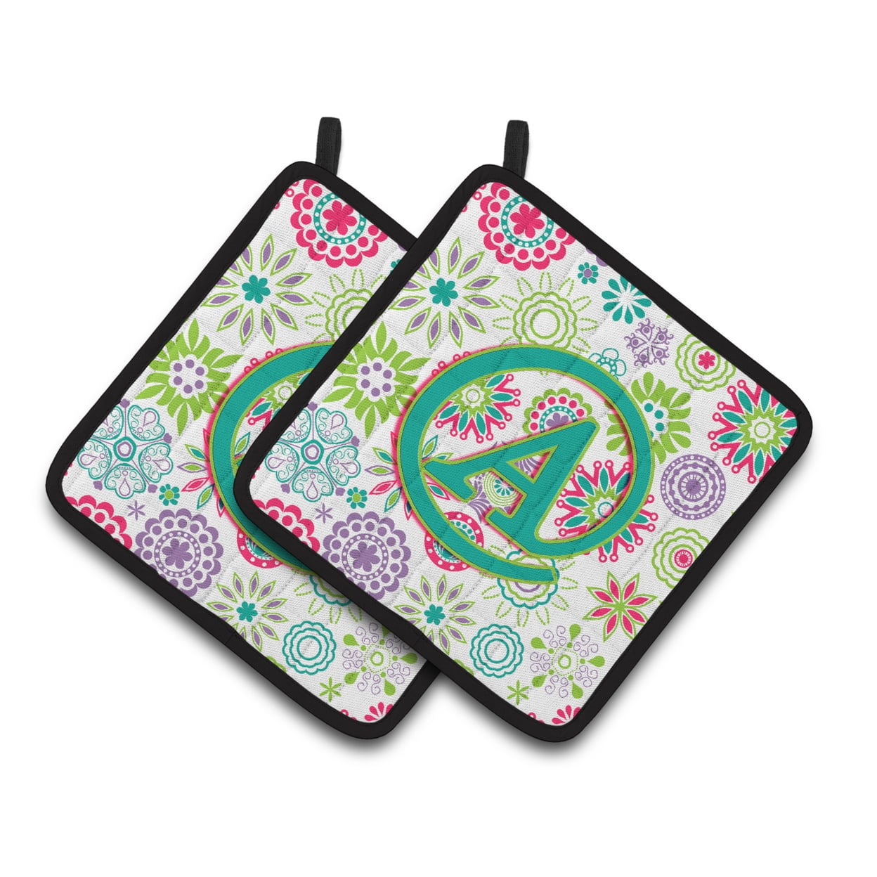 Carolines Treasures CJ2011-APTHD Letter A Flowers Pink Teal Green Initial Pair of Pot Holders, 7.5HX7.5W, multicolor